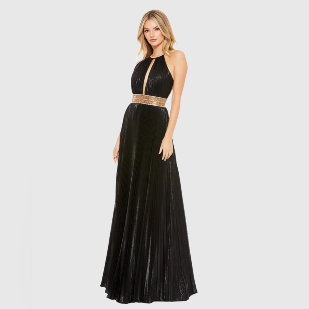 MAC DUGGAL Black Pleated Embellished Halter Open Back Gown